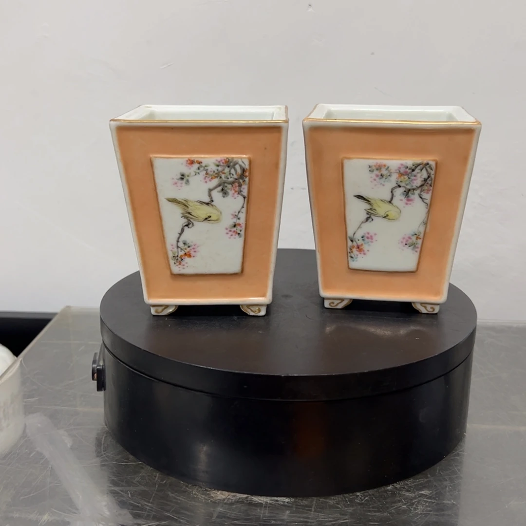 4***！浅降彩四方菖蒲盆两只