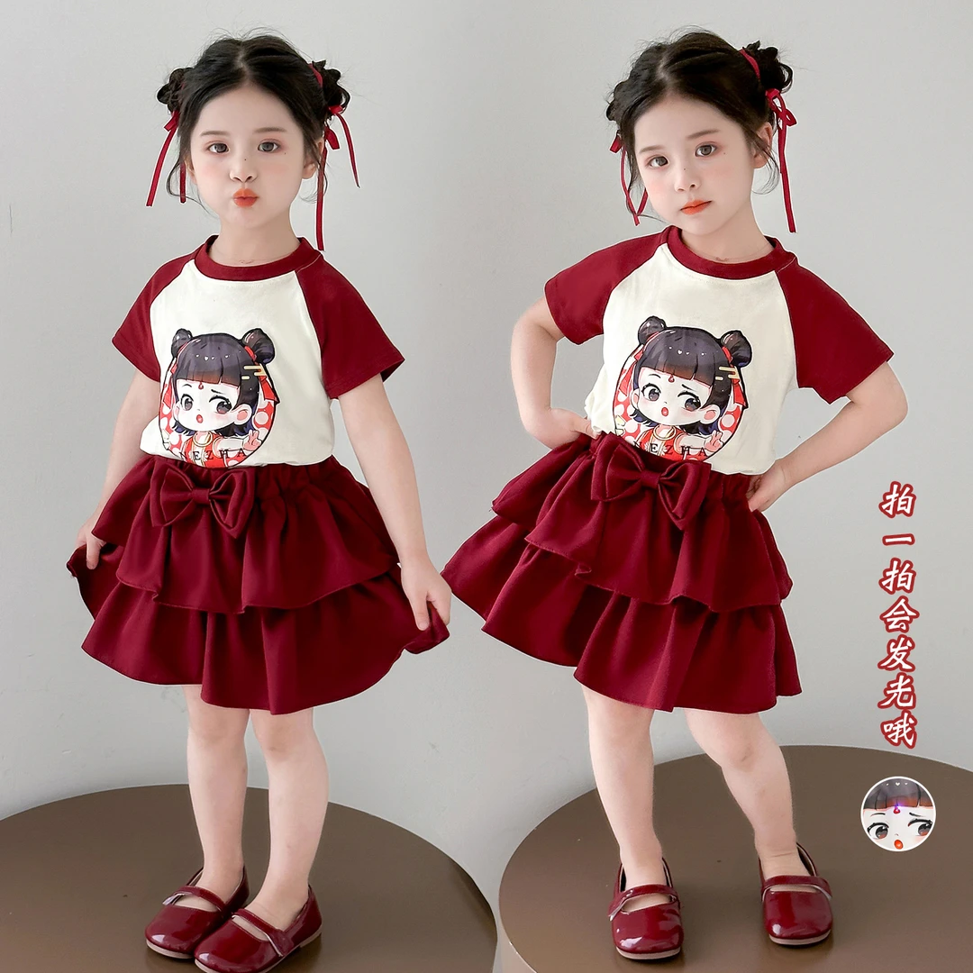 哪吒套装女童儿童棉质服装公主裙裙子哪吒发光夏季女宝网红国风服