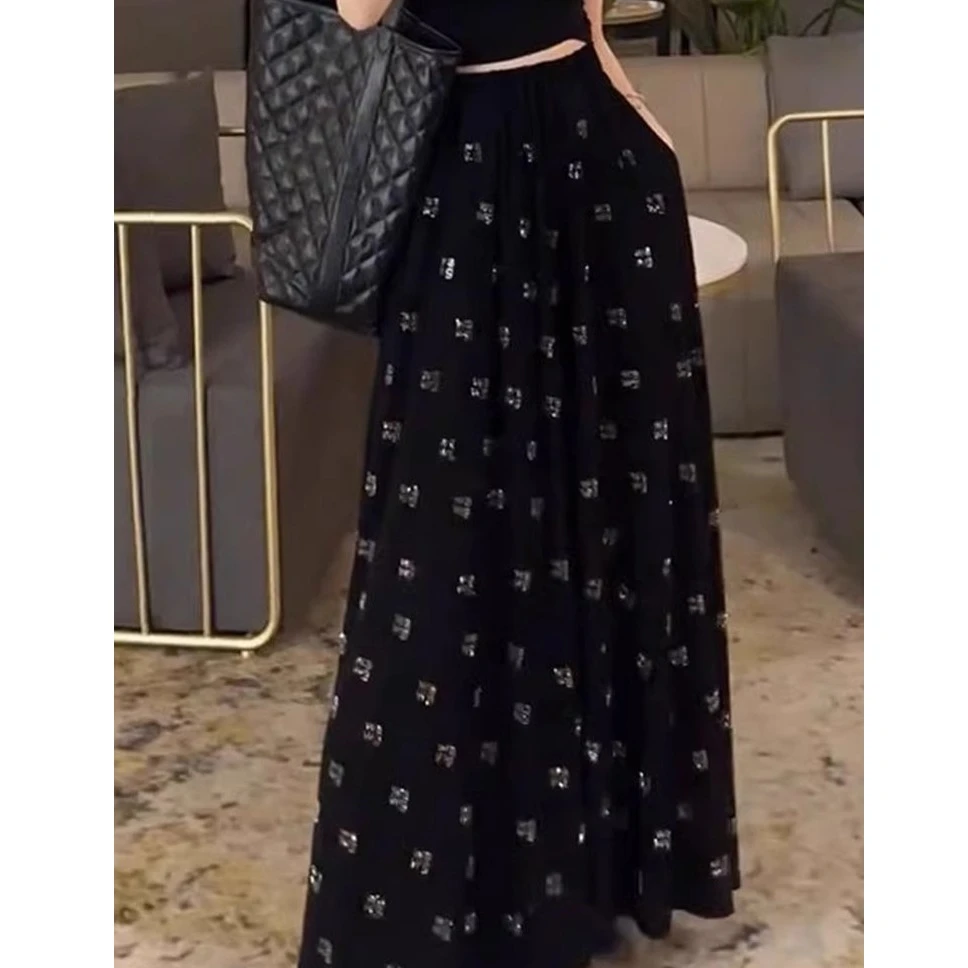 高级感烫钻印花黑色胖mm大码半身裙女夏季法式轻奢高腰显瘦长裙子