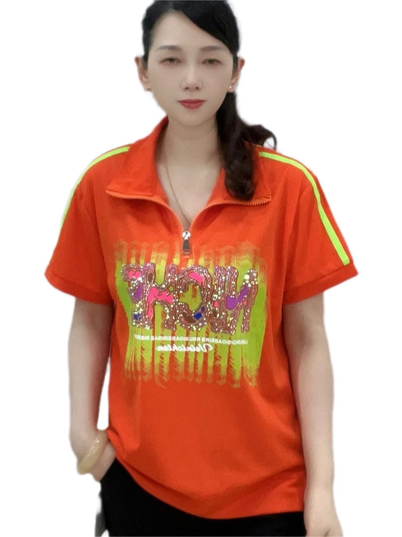 夏季时尚立领运动短袖休闲洋气舒适百搭卫衣（30红）女士宽松翻领