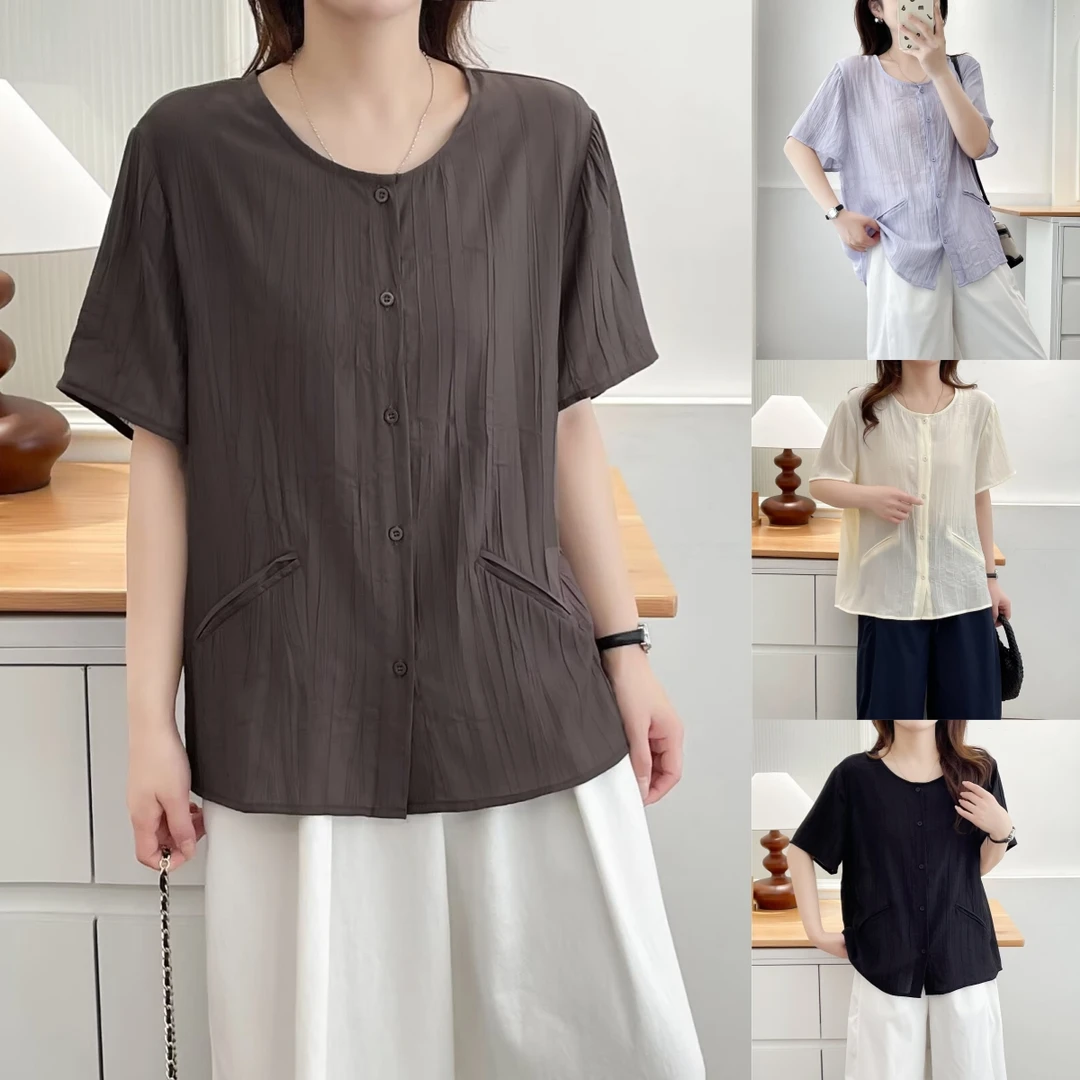 褶皱夏季时尚清凉微胖mm大板型显瘦大码圆领复古休闲衬衫大码衬衣