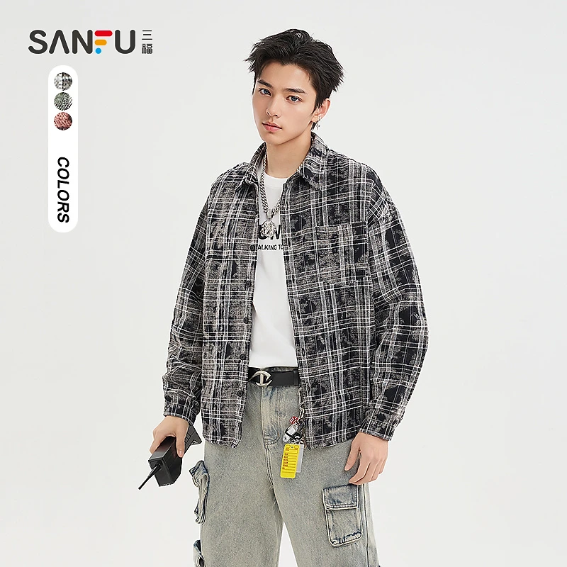 三福2025春季男士蜡染格子长衬衫 街头潮流宽松翻领上衣496657