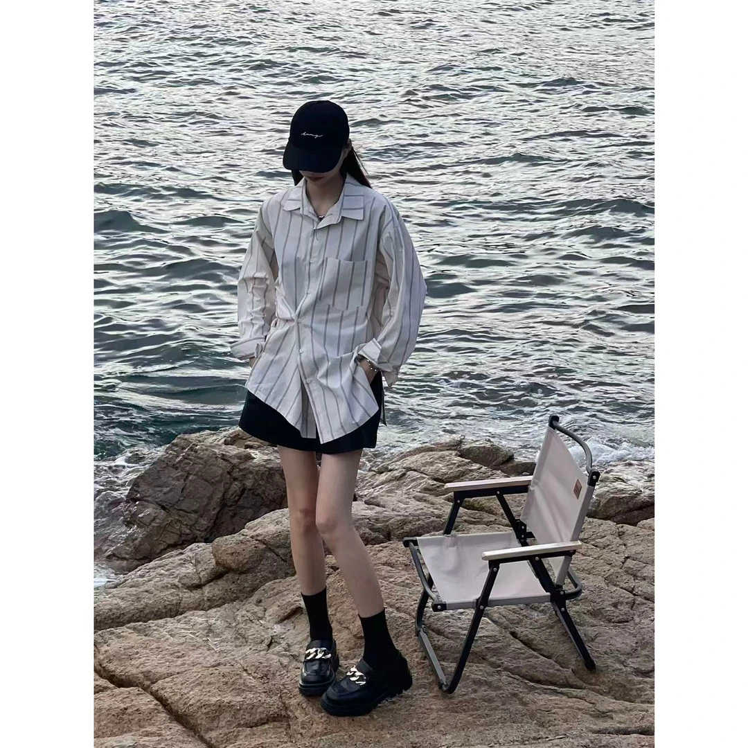 原版面料 港风复古宽松条纹衬衫女春秋新款衬衣设计感小众打底衫