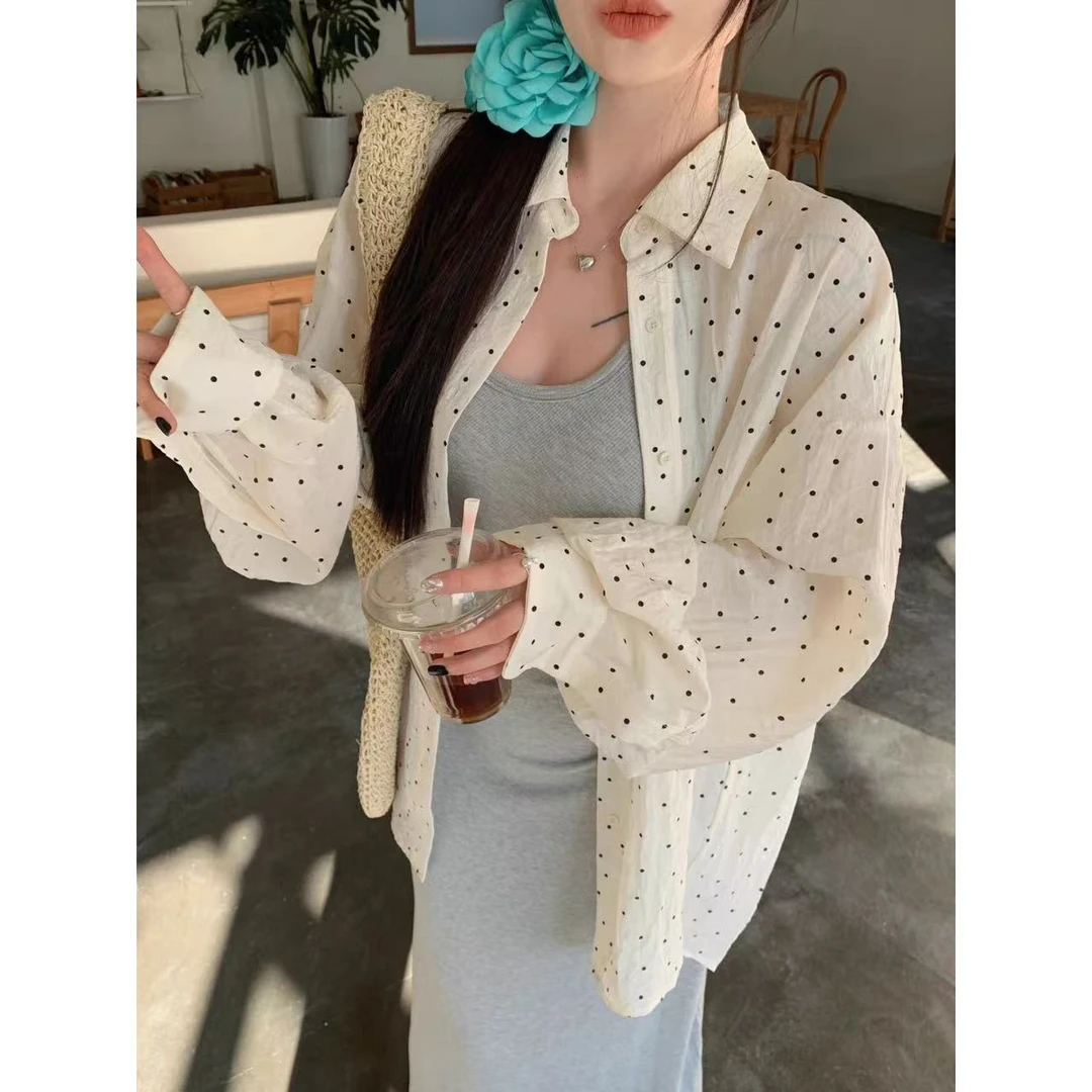 韩系法式波点长袖衬衫夏季开衫设计薄款开叉宽松防晒外套上衣衬衣