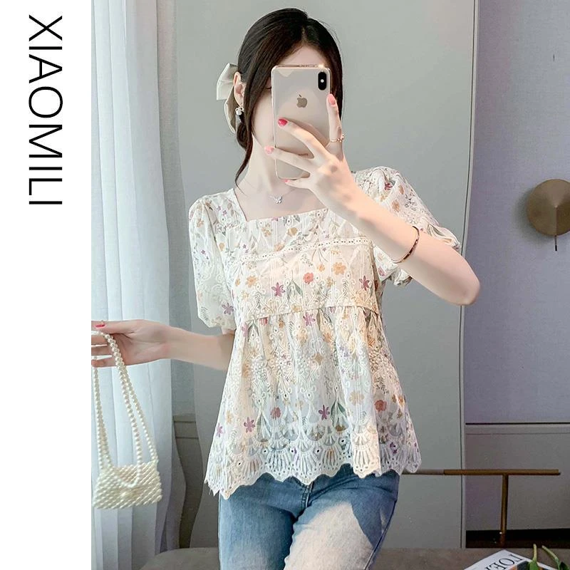 法式方领碎花雪纺衫女夏季气质镂空钩花小衫甜美泡泡短袖裙摆上衣