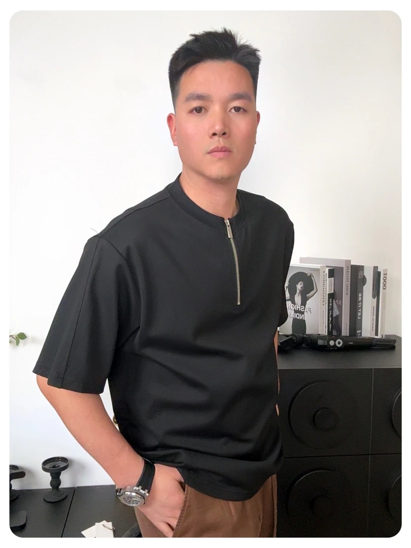 Alittle whitetree夏季半拉链短袖T恤男士宽松休闲内搭上衣打底衫