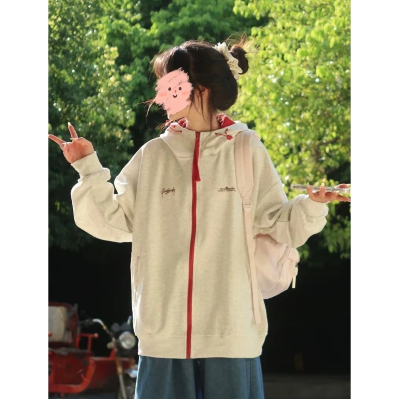 秋冬季韩系复古撞色连帽拉链开衫卫衣女宽松学院慵懒风休闲外套