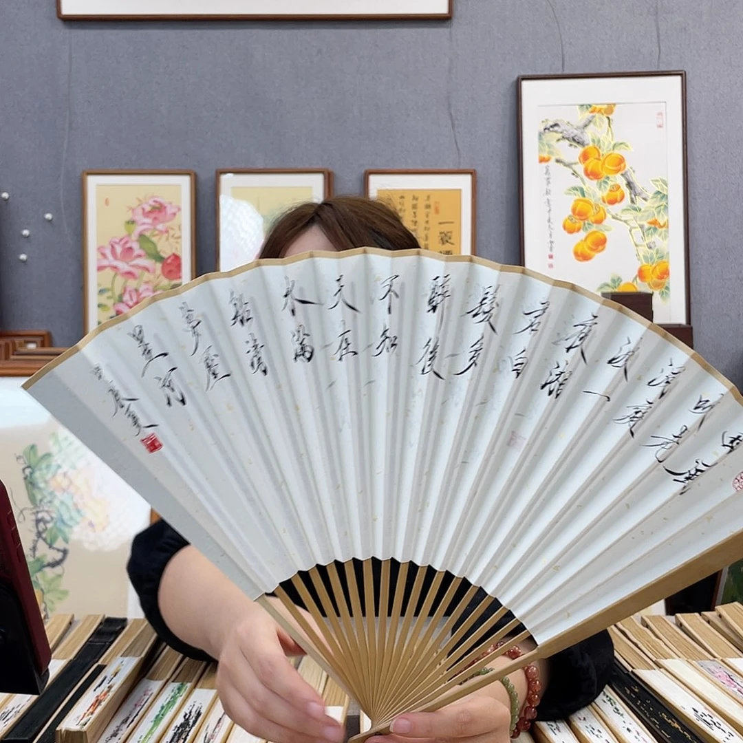 国画95寸玉竹-纯手绘-文玩扇骨（默认粘好）西风