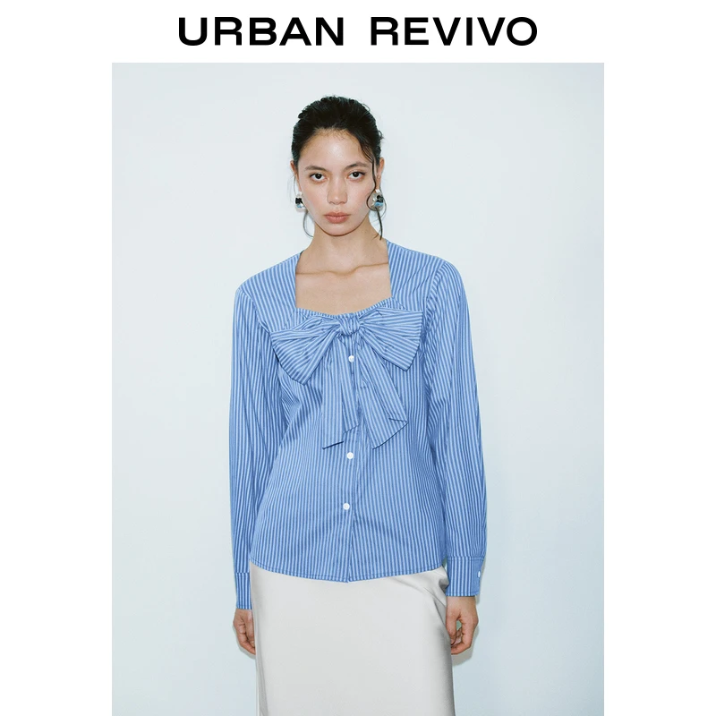 UR2025春季新品女装欧若风法式蝴蝶结饰条纹罩衫衬衫UWG250033