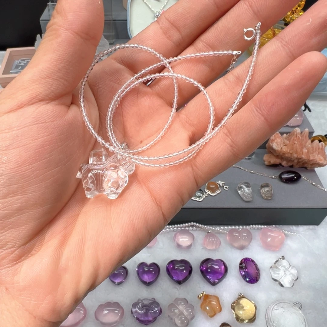 水晶眼镜银S925镶嵌白水晶加长小米链单链无坠