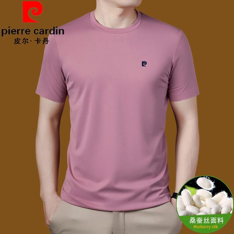 皮尔卡丹夏季薄款男士高档桑蚕丝衣服休闲圆领T恤冰丝半袖上衣潮