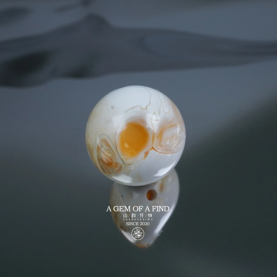 山和开物｜天然琥珀蜜蜡 13mm橘金漆瓷白圆珠眼睛溶洞彩沁文玩配饰