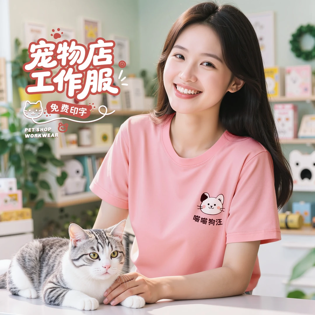 夏季宠物店工作服短袖医院美容师纯棉t恤团体文化衫定制印字logo