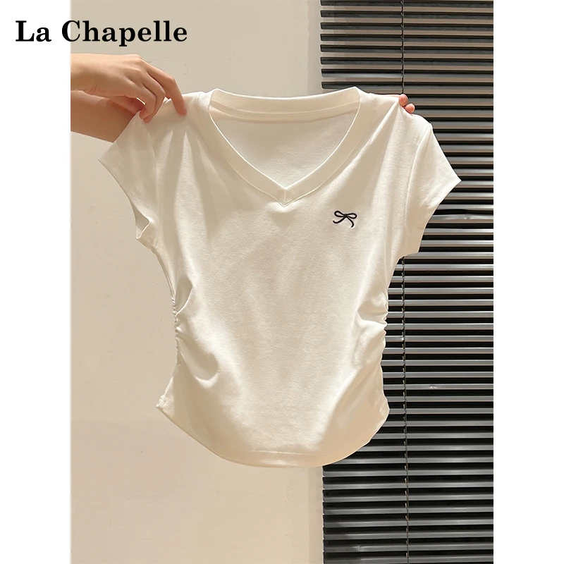 拉夏贝尔白色v领洋气刺绣蝴蝶结收褶短袖t恤女夏季修身设计感上衣