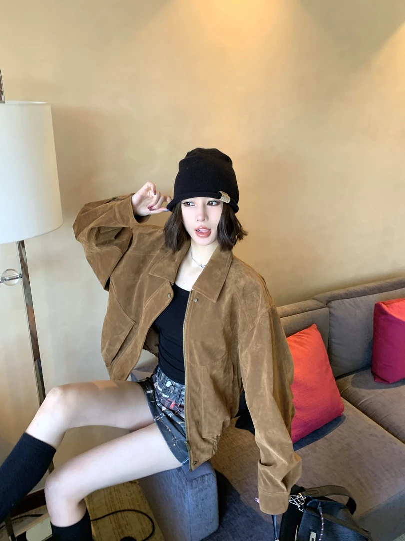 Lynka Vogue美拉德复古焦糖棕皮夹克秋季新款百搭时尚工装外套