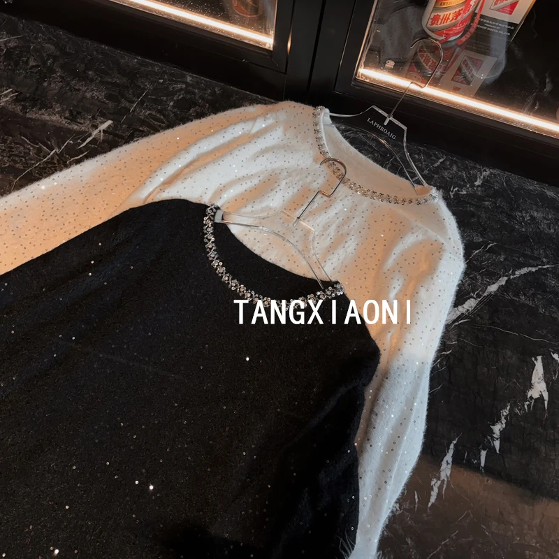 早春战袍款【黑白美玉】两色手工亮片毛毛上衣