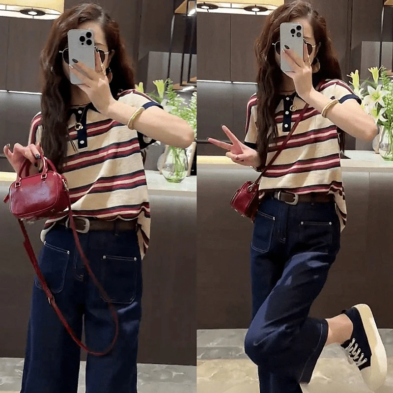 韩版复古减龄套装女2025夏季新款休闲百搭条纹POLO衫阔腿裤两件套