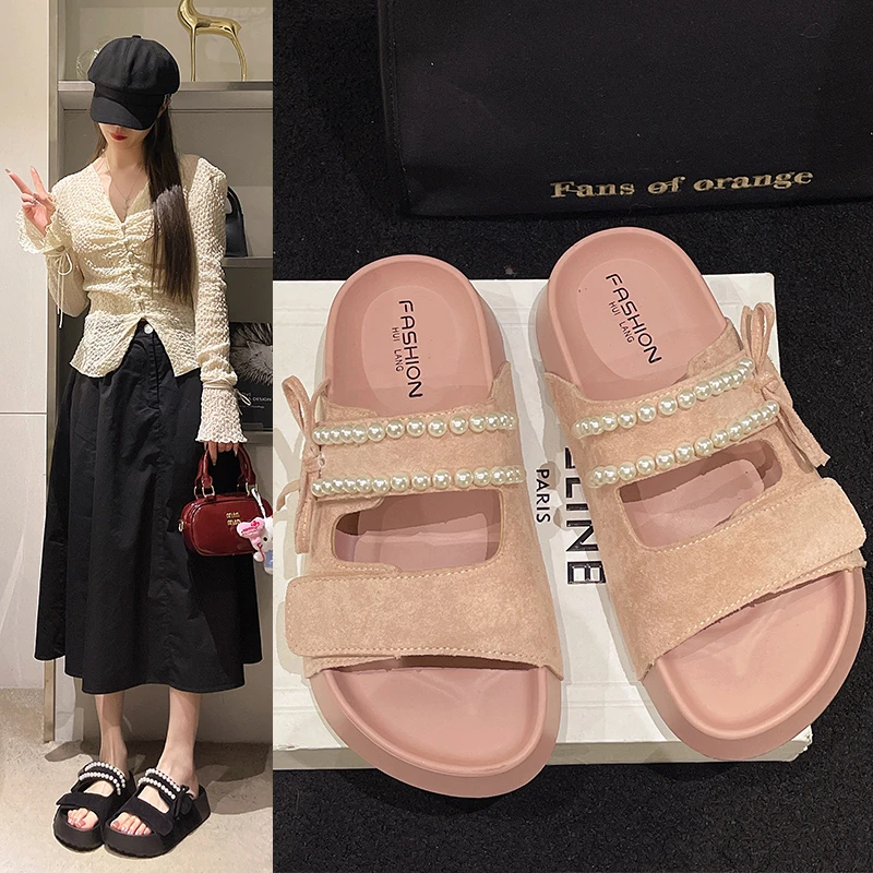 爆款拖鞋女春夏季2025新款珍珠一脚蹬勃肯厚底凉拖懒人凉鞋