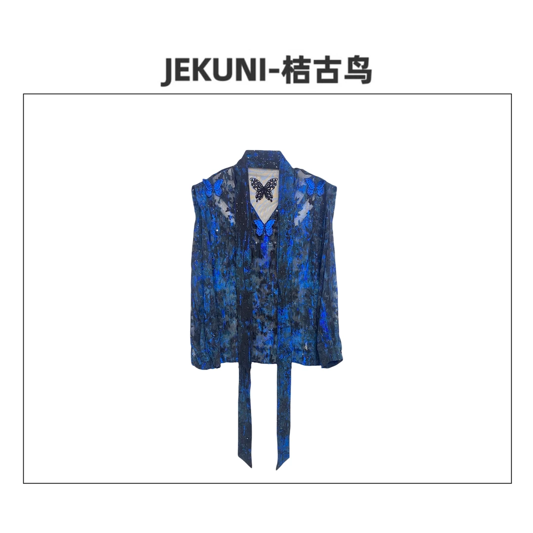 JEKUNI/桔古鸟【美神降临】空气衫时髦设计师蓝色蝴蝶雅致防晒衬衫