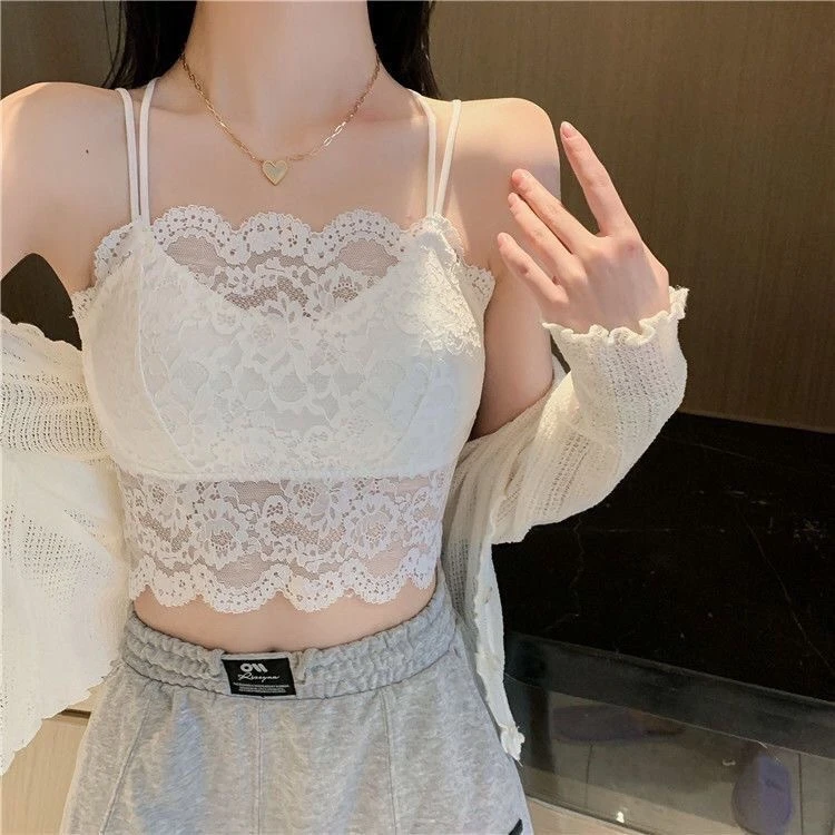 蕾丝吊带美背背心女纯欲性感外穿内搭带胸垫抹胸大码夏季薄款透气