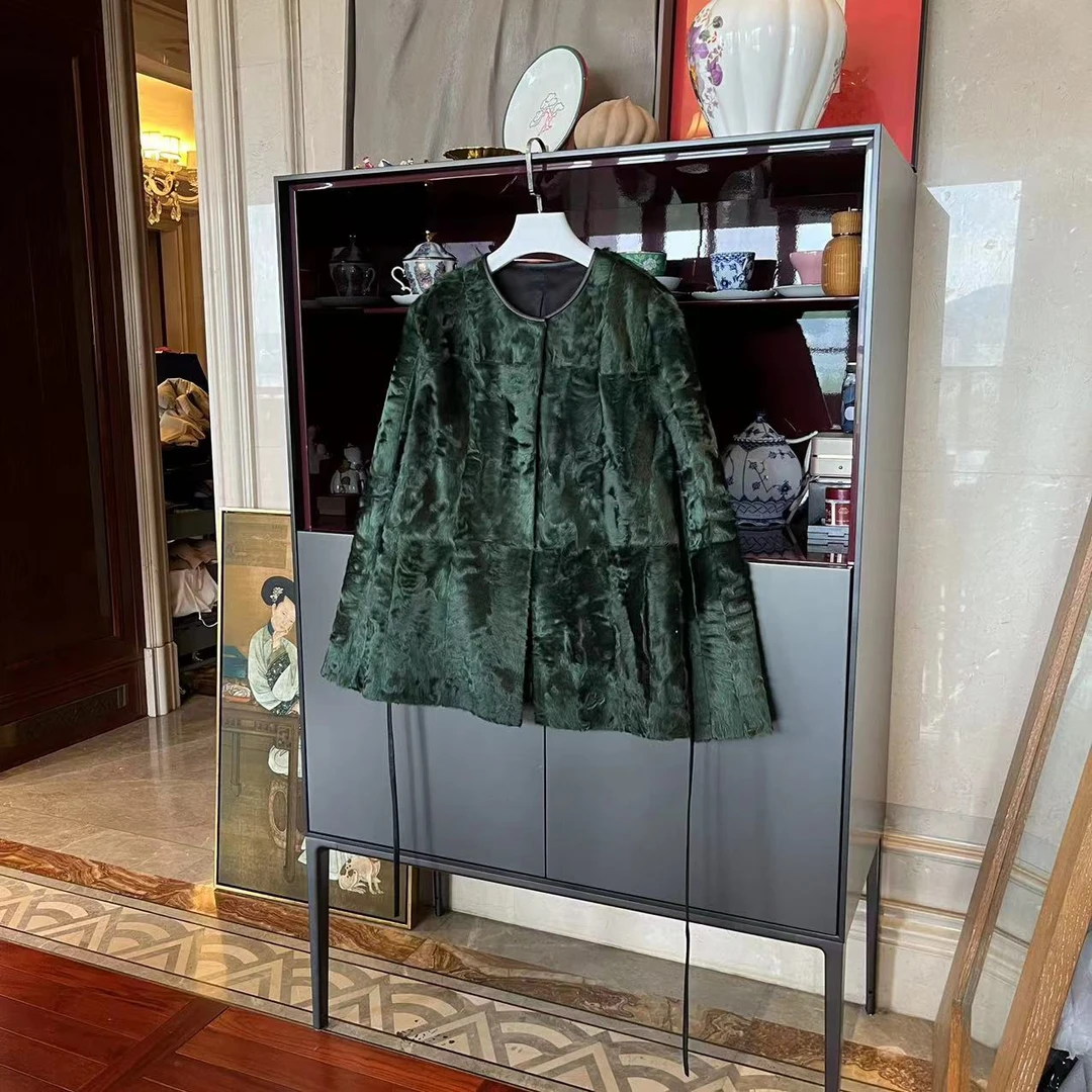 MYL 象羔毛墨绿色天然皮草2023秋冬新品圆领长袖宽松时尚外套