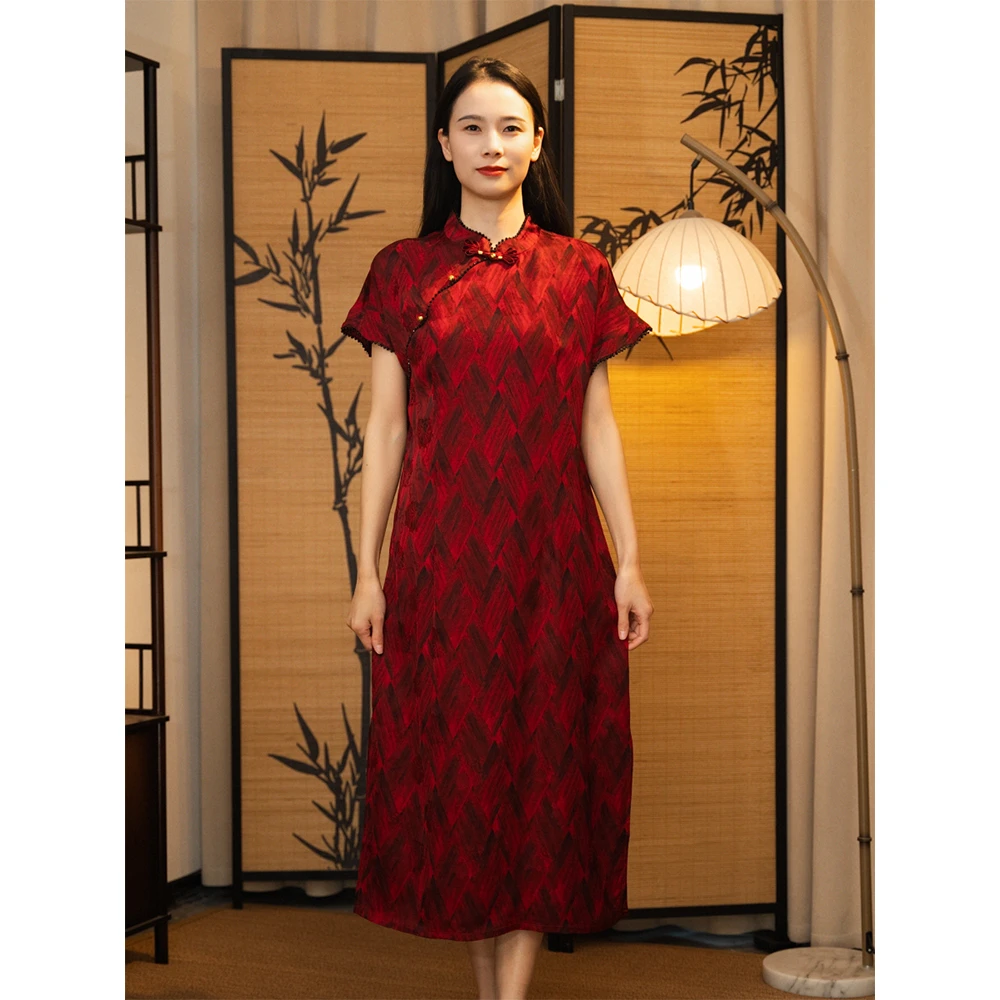 【绯红】（喜婆婆穿）新中式国风气质盘扣立领提花复古连衣裙