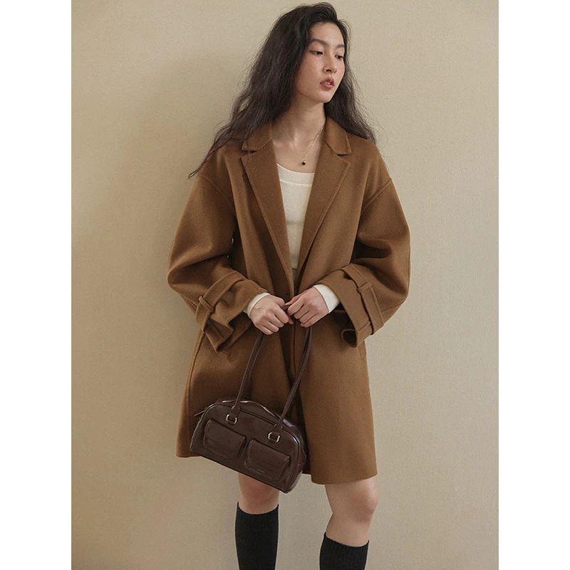 popchrio◆羊绒羊毛复古美拉德双面呢子大衣小个子一粒扣外套女秋