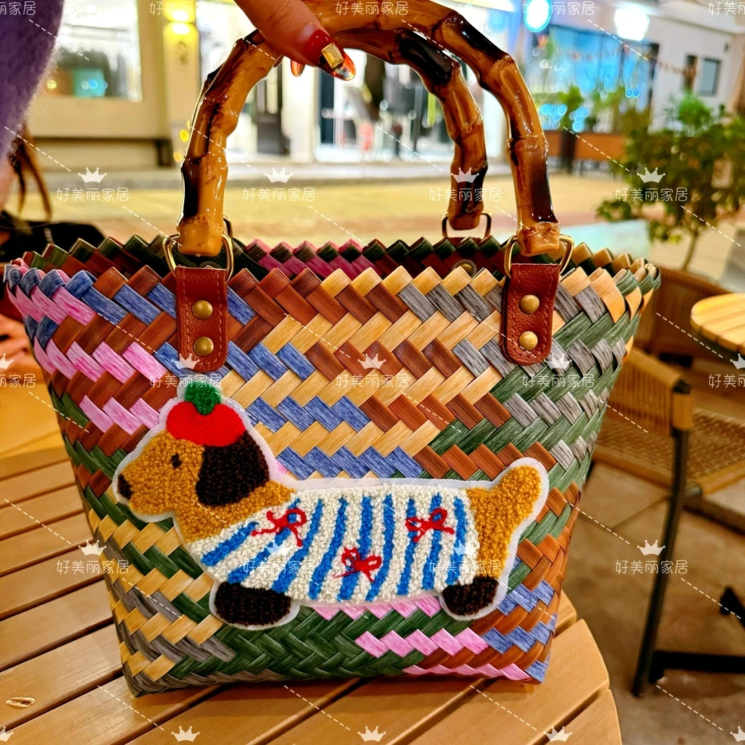 复古条纹腊肠狗狗编织包手提包尼龙绳吊坠托特包手拎女包沙滩包