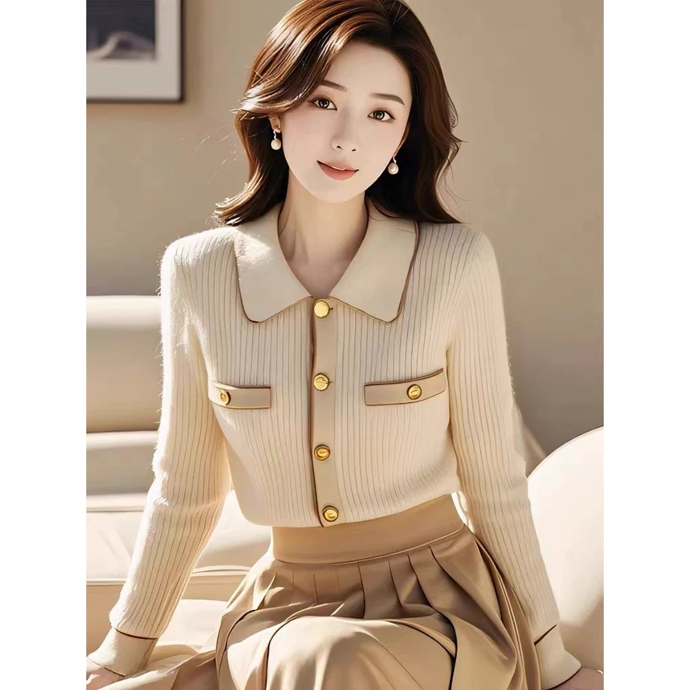 小香风米色针织开衫女2024秋冬季独特超好看韩系内搭打底上衣