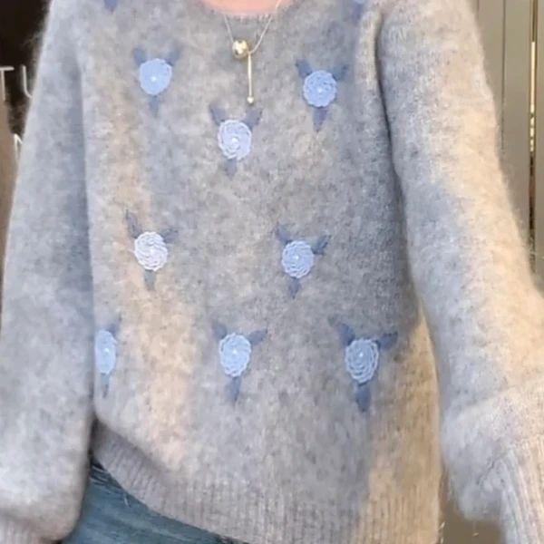 2024年秋冬新款气质重工刺绣勾花套头毛衣软糯设计感小众宽松上衣