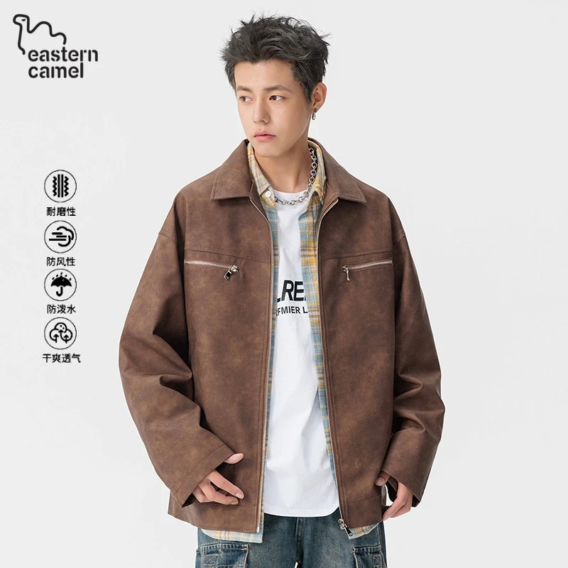 东方骆驼美式扎染机车飞行夹克皮衣男款潮牌高级感痞帅翻领外套男