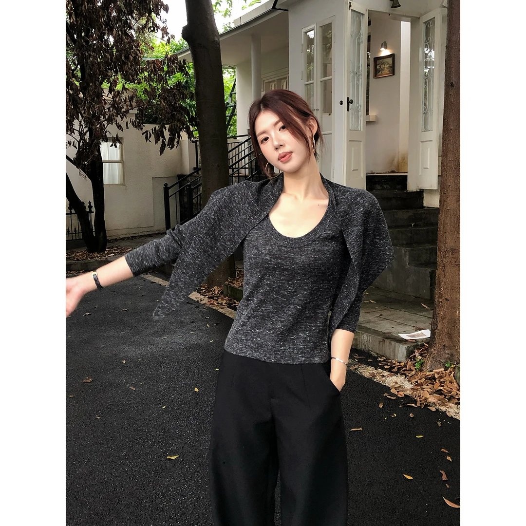 甜辣多多【极简实穿】长袖针织衫女25年秋冬抽褶设计针织衫(配披肩)