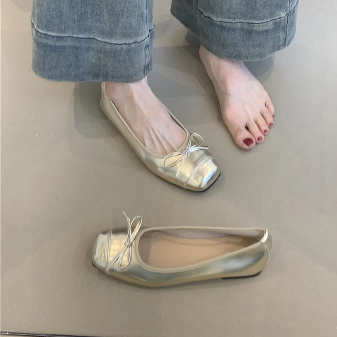 羊皮版~法式小香风蝴蝶结浅口芭蕾单鞋女百搭方头温柔平底奶奶鞋