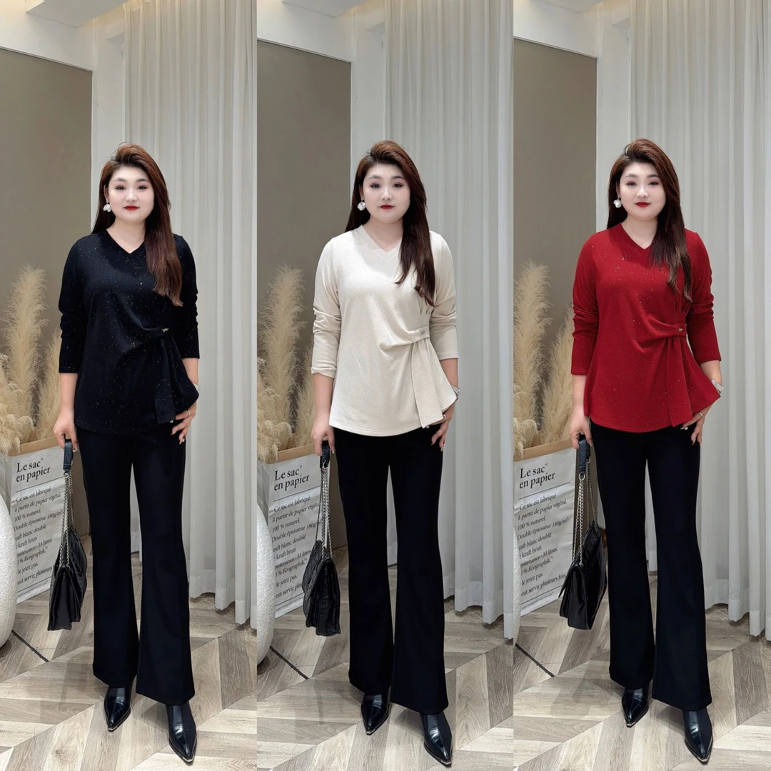 【上新上衣】PDM22609秋季新款气质V领收腰加厚显瘦大码女装长袖T恤