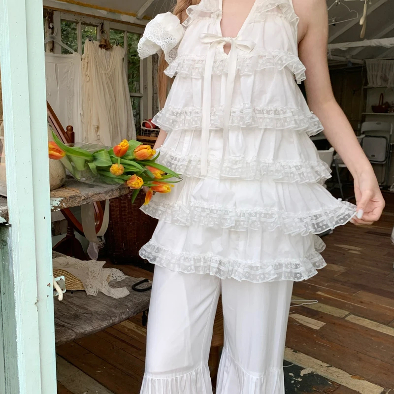 【咨询享优惠】原创手工缝纫 仙仙蛋糕 纯棉蕾丝吊带喇叭裤套装