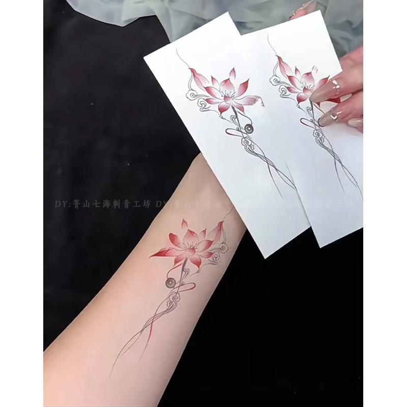 国风彩绘高洁荷花彩色纹身贴防水女持久新款仿真刺青手臂莲花遮疤