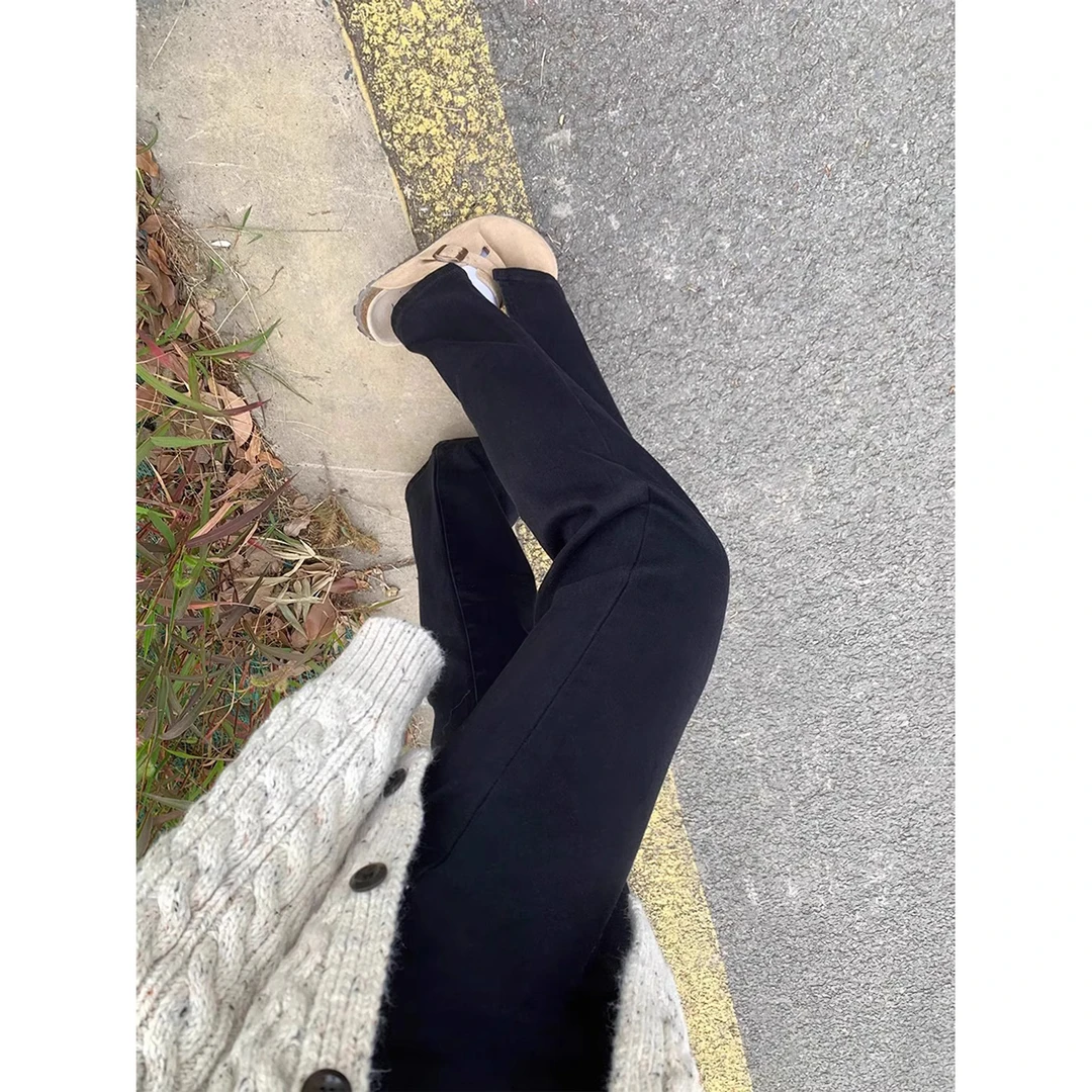 黑色开叉牛仔裤女春季新款胖妹妹mm高腰直筒弹力显瘦梨形身材裤子