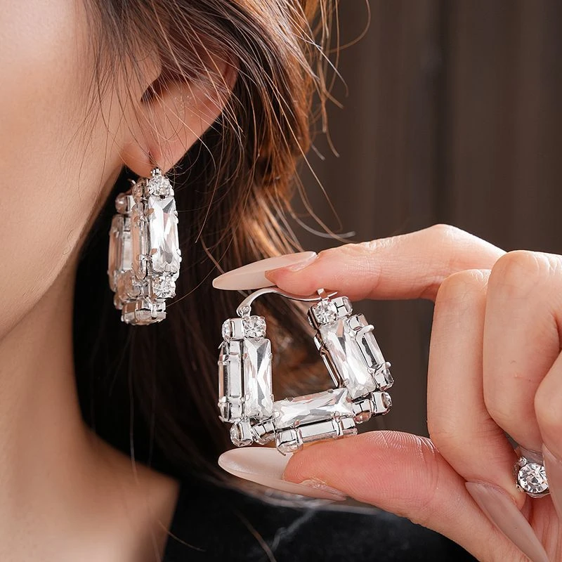 铜合金锆石耳饰 简约镶钻U形夸张耳扣韩系小众ins设计感耳环时尚