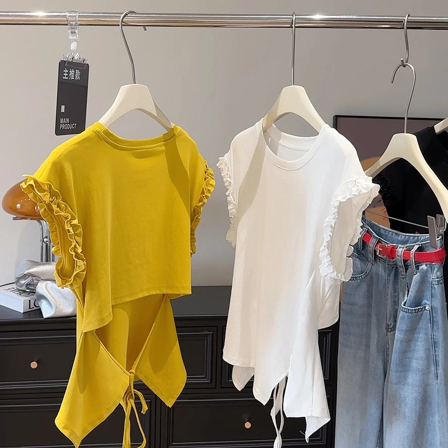设计感木耳边后背系绳正肩短袖T恤女2025夏季新款不规则显瘦上衣