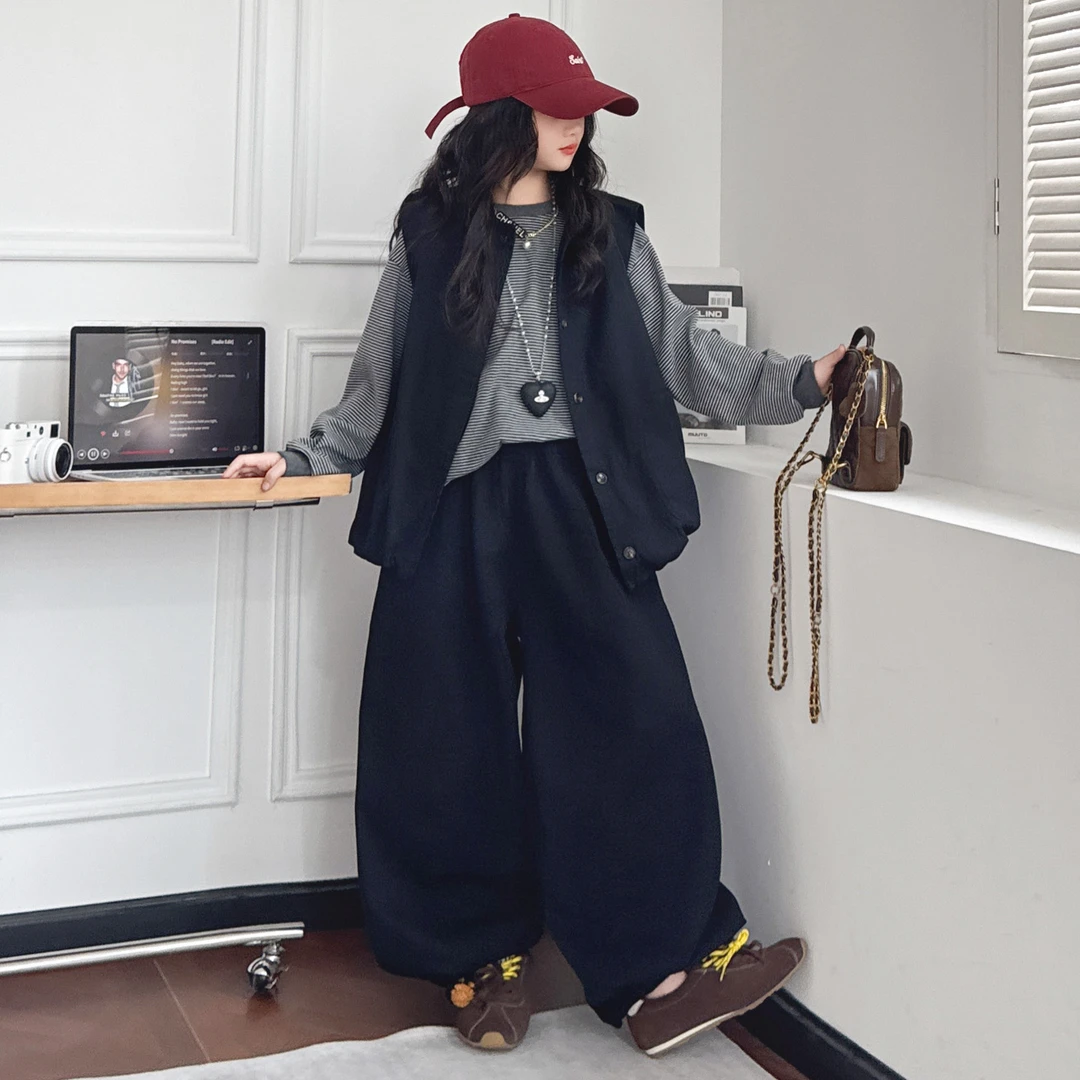 女童秋装2025新款女大童韩系条纹打底衫休闲马甲阔腿裤春秋三件套