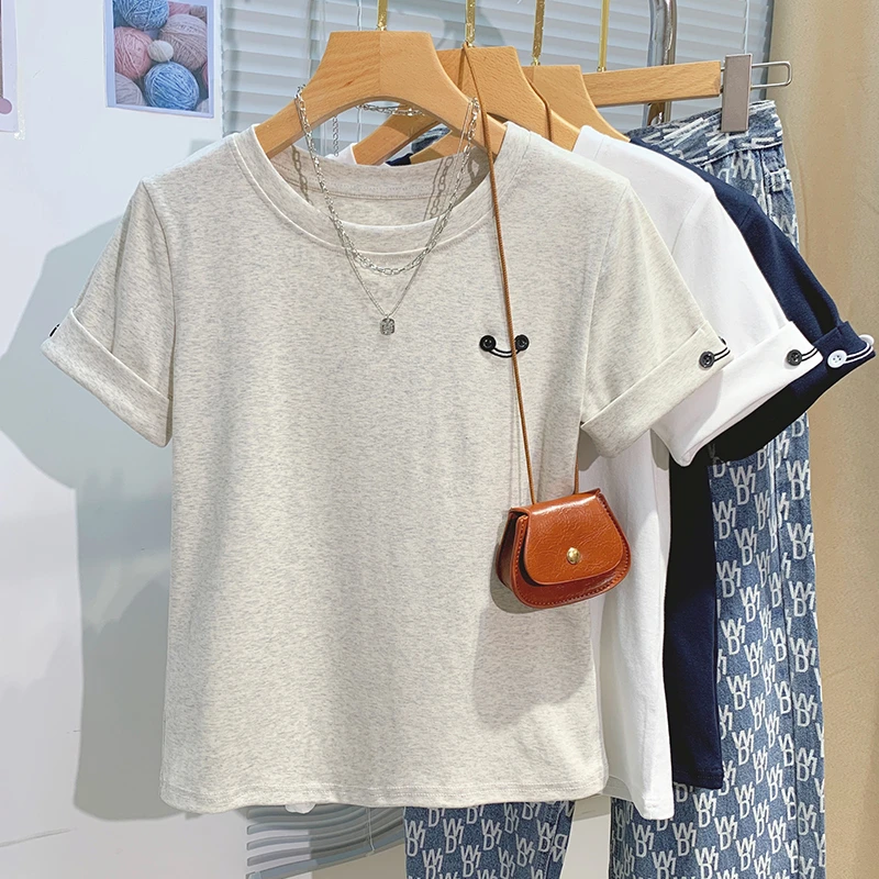 纽扣笑脸刺绣T恤女夏季白色正肩短袖2025新款设计感别致上衣