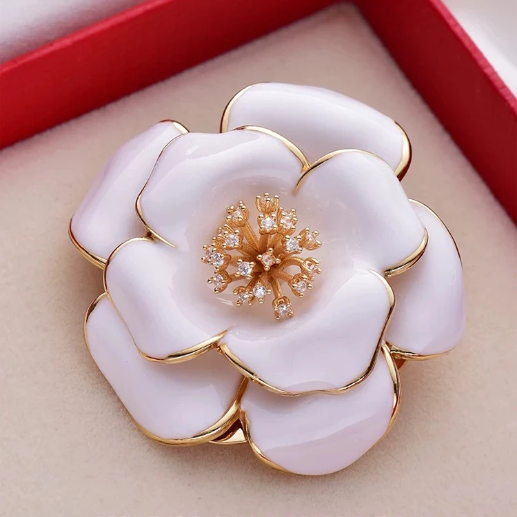 铜珐琅胸针 山茶花超大号披肩围巾大衣腰带打结丝巾扣胸针8038