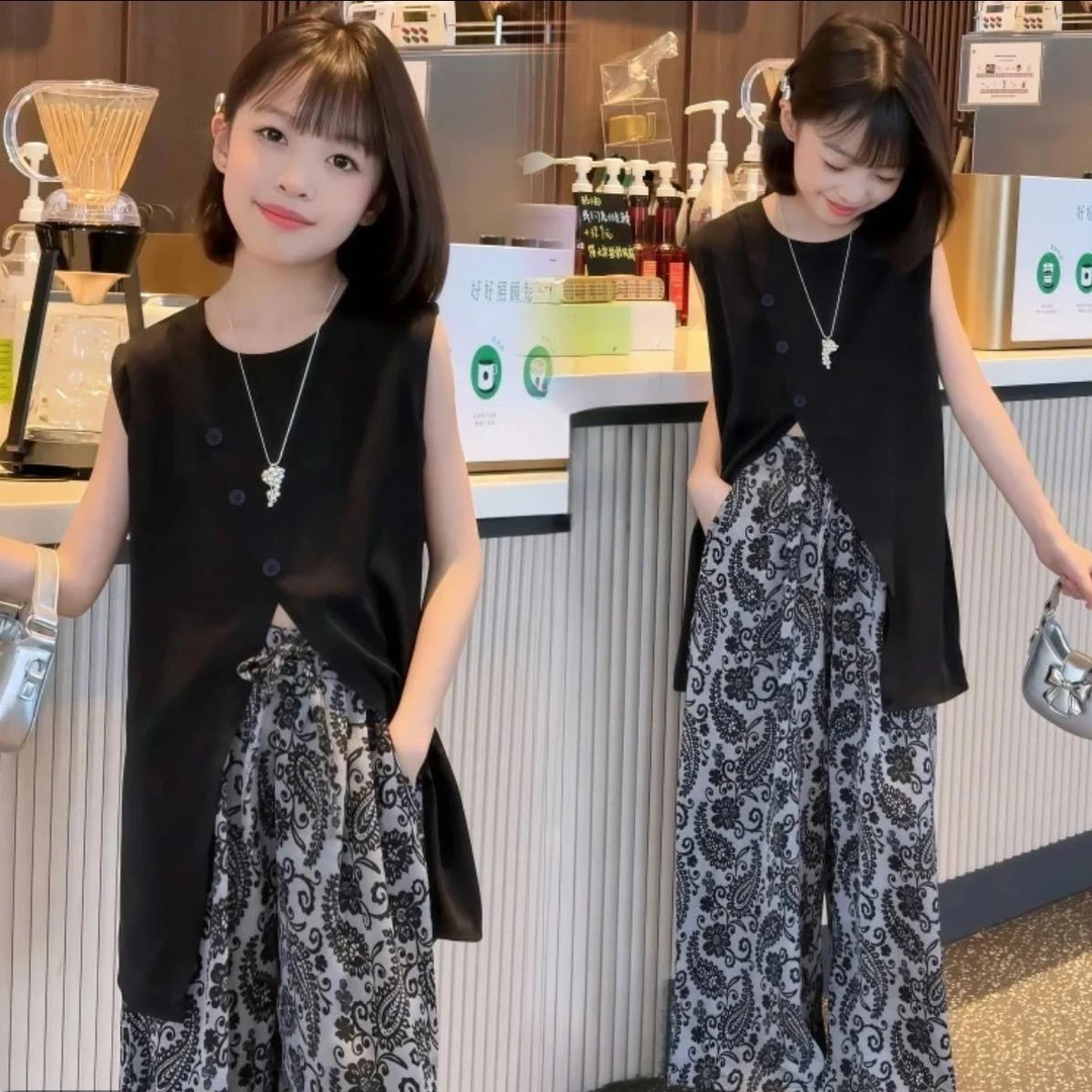 女大童夏装无袖套装2025新款韩版时髦女孩洋气横竖阔腿裤两件套潮