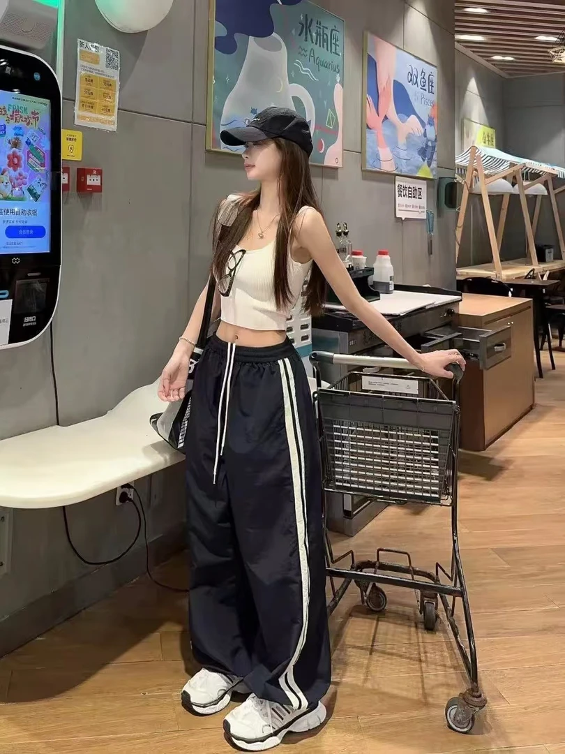美式运动裤女夏季2025新款高腰宽松阔腿裤休闲侧条纹两穿速干裤子