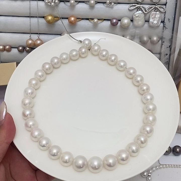 银S925镶嵌淡水珍珠白珍珠项链14m
