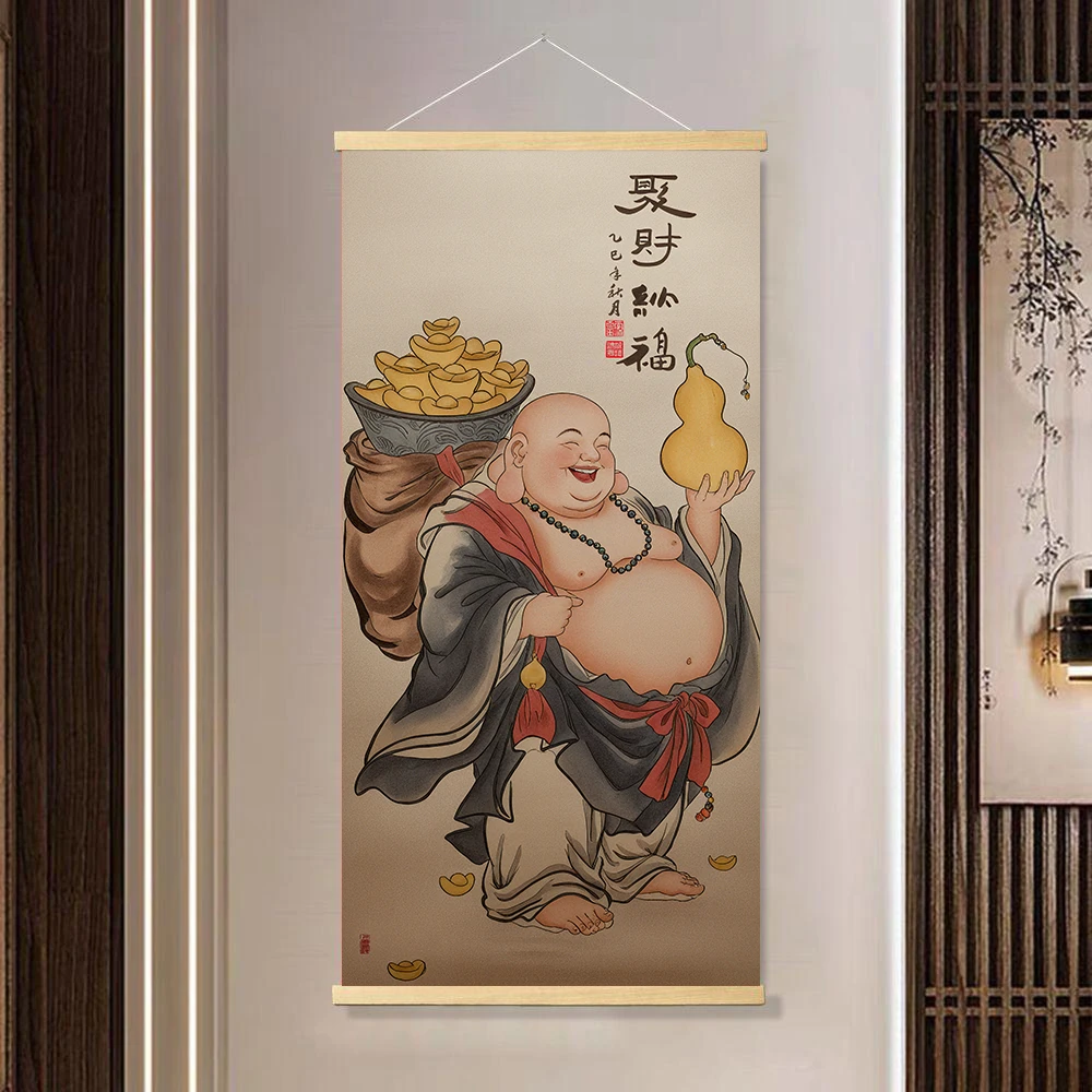 聚财纳福挂画大肚弥勒佛菩萨像玄关画卷轴画客厅装饰画挂画弥勒佛