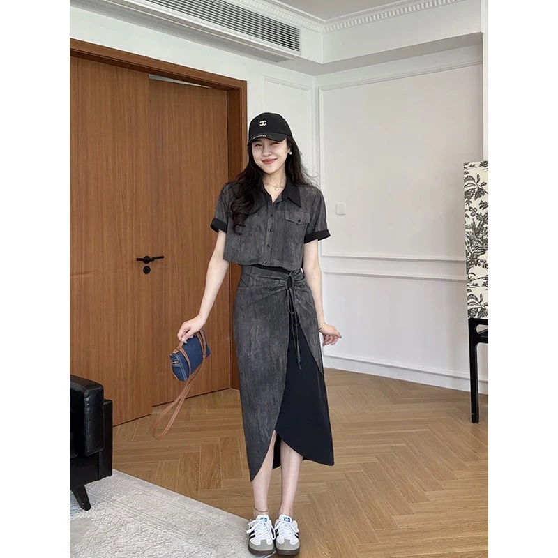 2025新款时尚高腰系带薄款简约风常规半身裙法式夏季复古小众牛仔