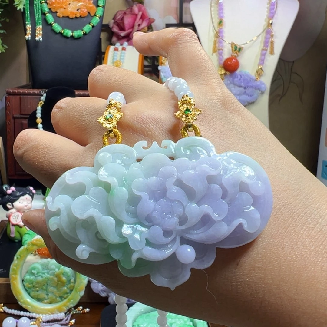 翡翠未镶嵌毛衣链紫花如意锁