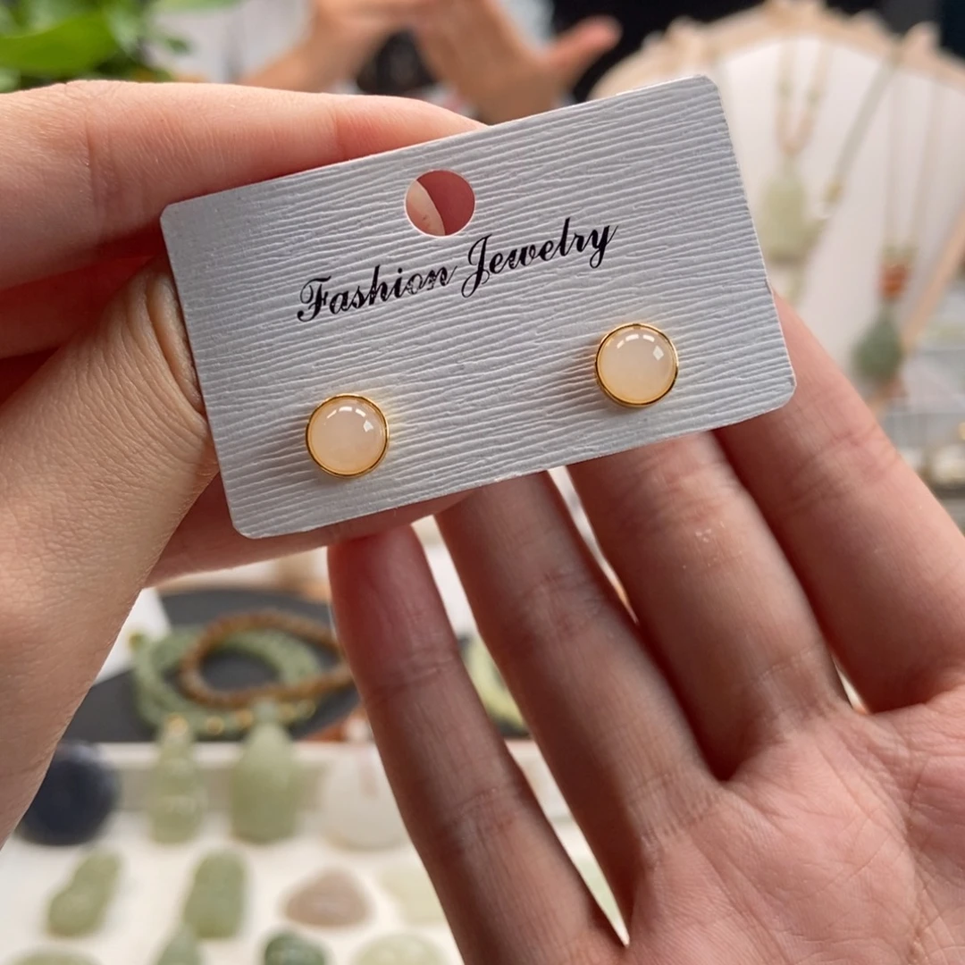 和田玉银S925镀金镶嵌耳饰藕粉耳钉