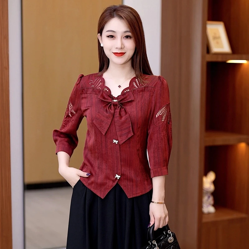 2025春夏新款蝴蝶七分袖新中式蕾丝打底衫气质洋气设计感打底上衣